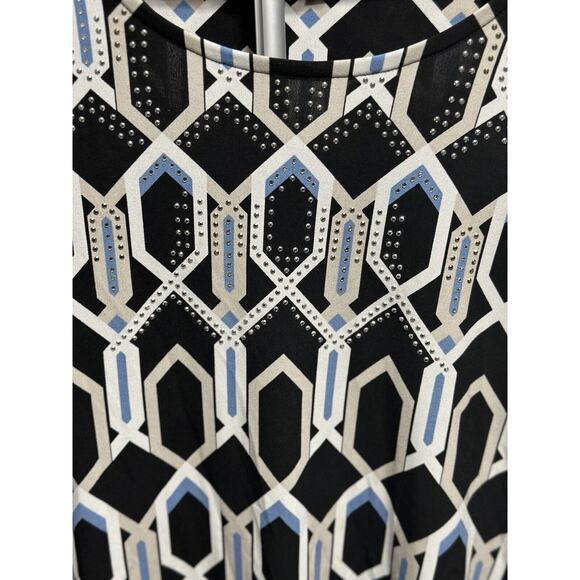 JM Collection Blouse Top 3/4 Sleeves Blue Black Geometric Print Size Medium - Picture 2 of 7